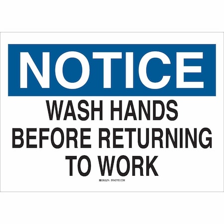 Brady Notice, Wash Hands Before Returning To Work, 14" W x 10" H, Rectangle, Fiberglass, 73474 73474